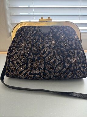 Patricia Nash Black Velvet Floral Convertible Crossbody with Gold Frame